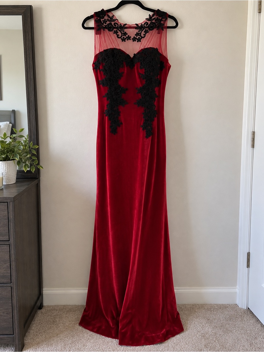 Red Velvet Maxi Dress with Black Lace Illusion Yoke